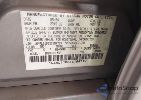 2005 Nissan Altima 2.5 S из США, поврежденный, VIN 1N4AL11D35C184719